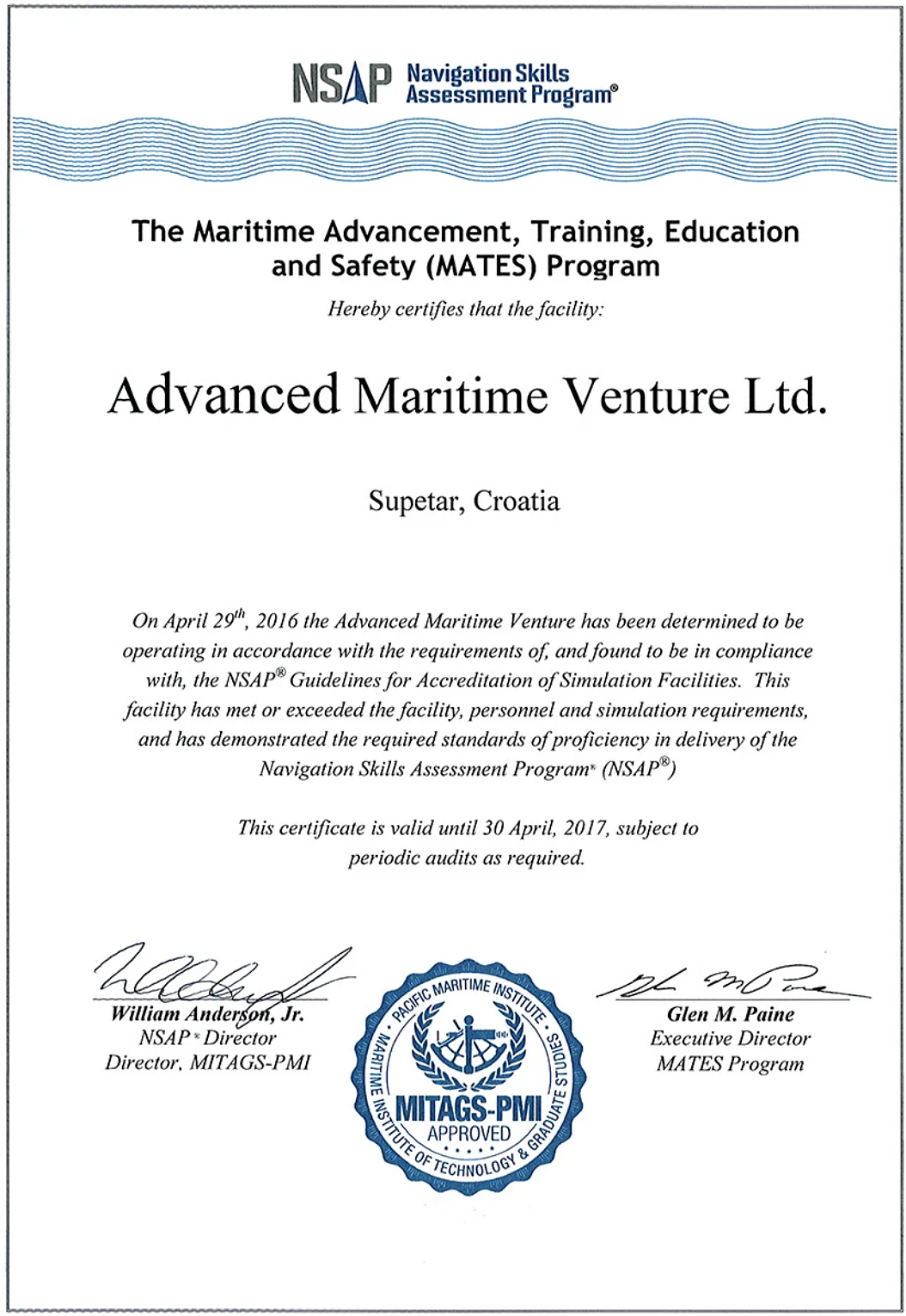 NSAP® certificate — Advanced Maritime Venture Ltd., issued 29 April 2016